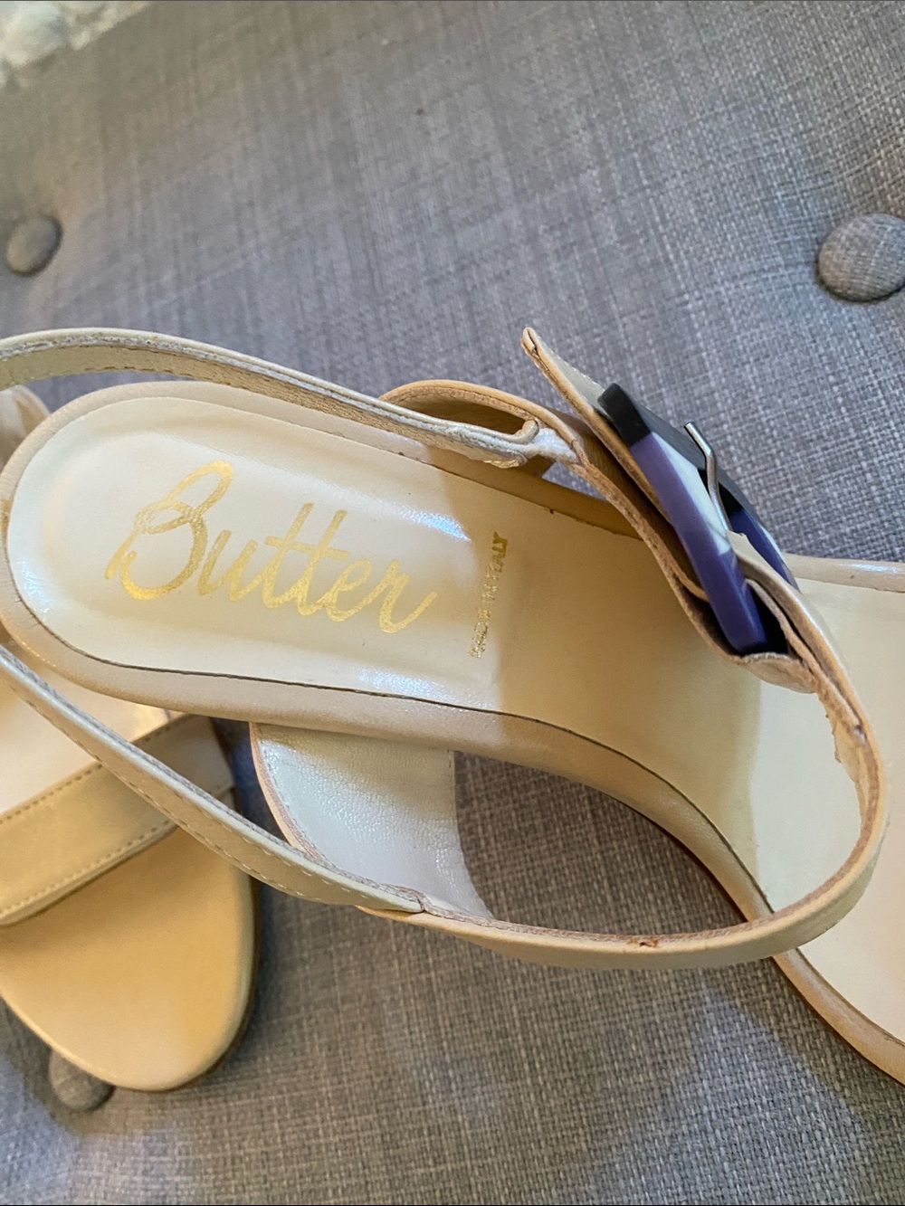 Butter Beige Slingback Sandals with Cream and Navy Accent Buckles - Picture 2 of 6